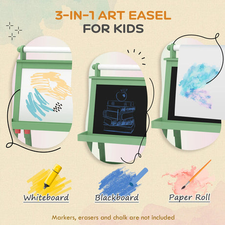 AIYAPLAY 3 in 1 Kids Easel Double-Sided Magnetic Whiteboard and Chalkboard with Paper Roll, Storage Baskets - Green