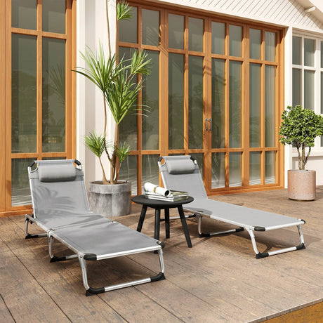 Outsunny Foldable Outdoor Sun Lounger Set of 2, Reclining Lounge Chair Camping Bed Cot with Pillow 4-Level Adjustable Back Aluminium Frame, Light Grey
