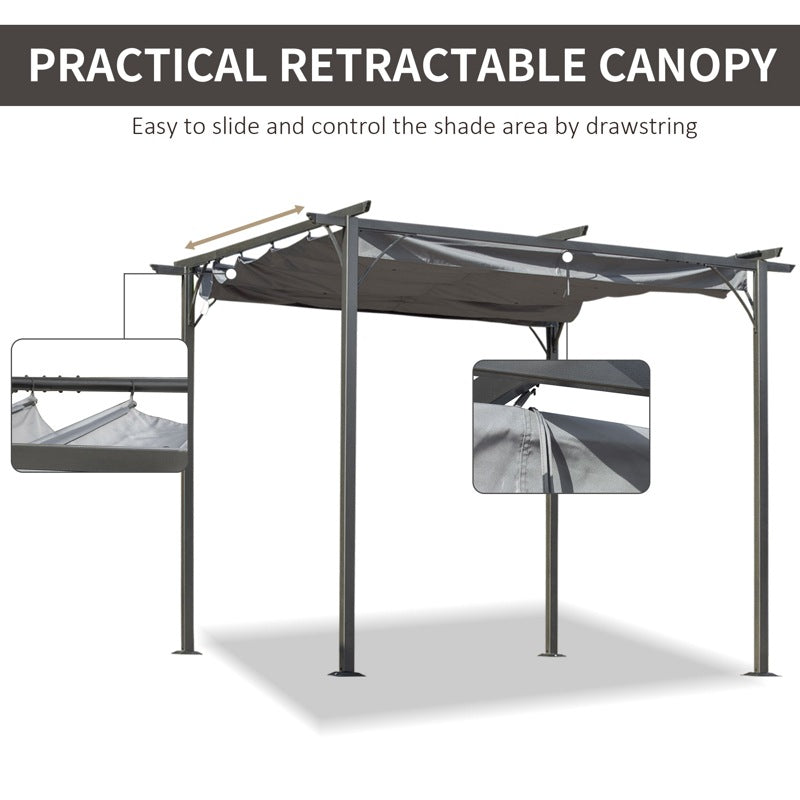 Outsunny 3 x 3(m) Metal Pergola with Retractable Roof, Garden Gazebo Metal Pergola Canopy. Outdoor Sun Shade Shelter for Party BBQ, Grey