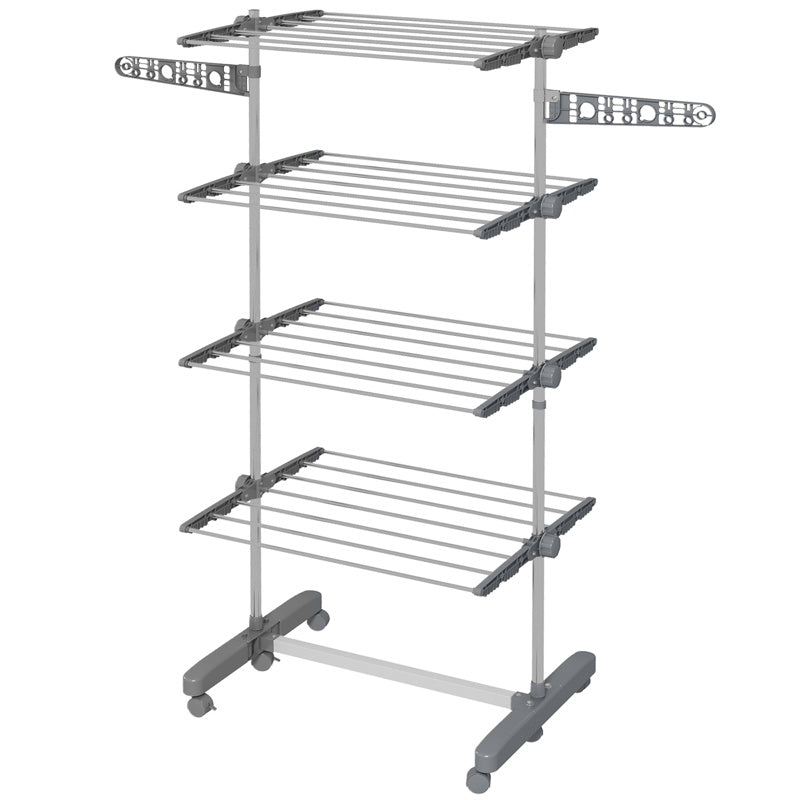 HOMCOM Four-Shelf Collapsing Clothes Horse, With Side Arms and Wheels - Grey