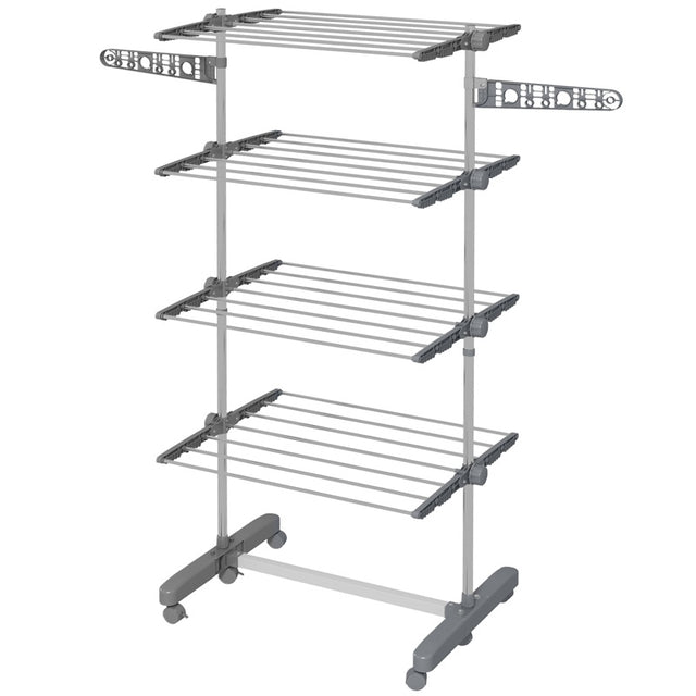 HOMCOM Four-Shelf Collapsing Clothes Horse, With Side Arms and Wheels - Grey