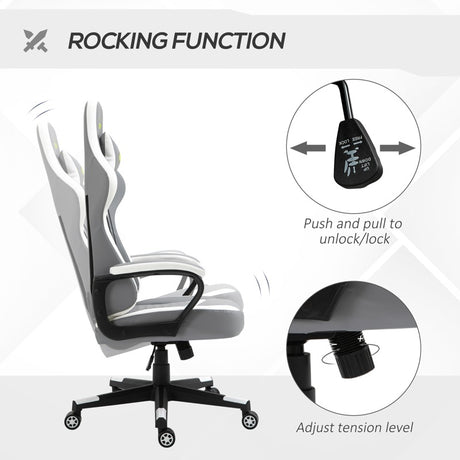 Vinsetto Gaming Chair, Computer Desk Chair with Lumbar Support, Faux Leather Racing Chair with Headrest and Swivel Wheels for Home Office, Grey White