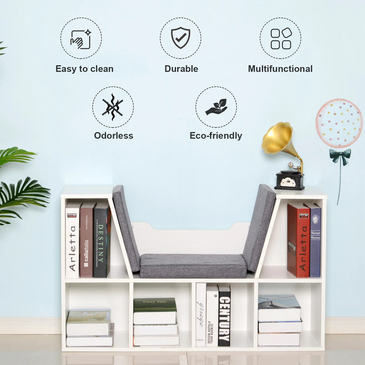 HOMCOM Bookcase Storage Shelf with Cushioned Reading Seat, Cube Bookshelf Organizer for Bedroom Living Room, White