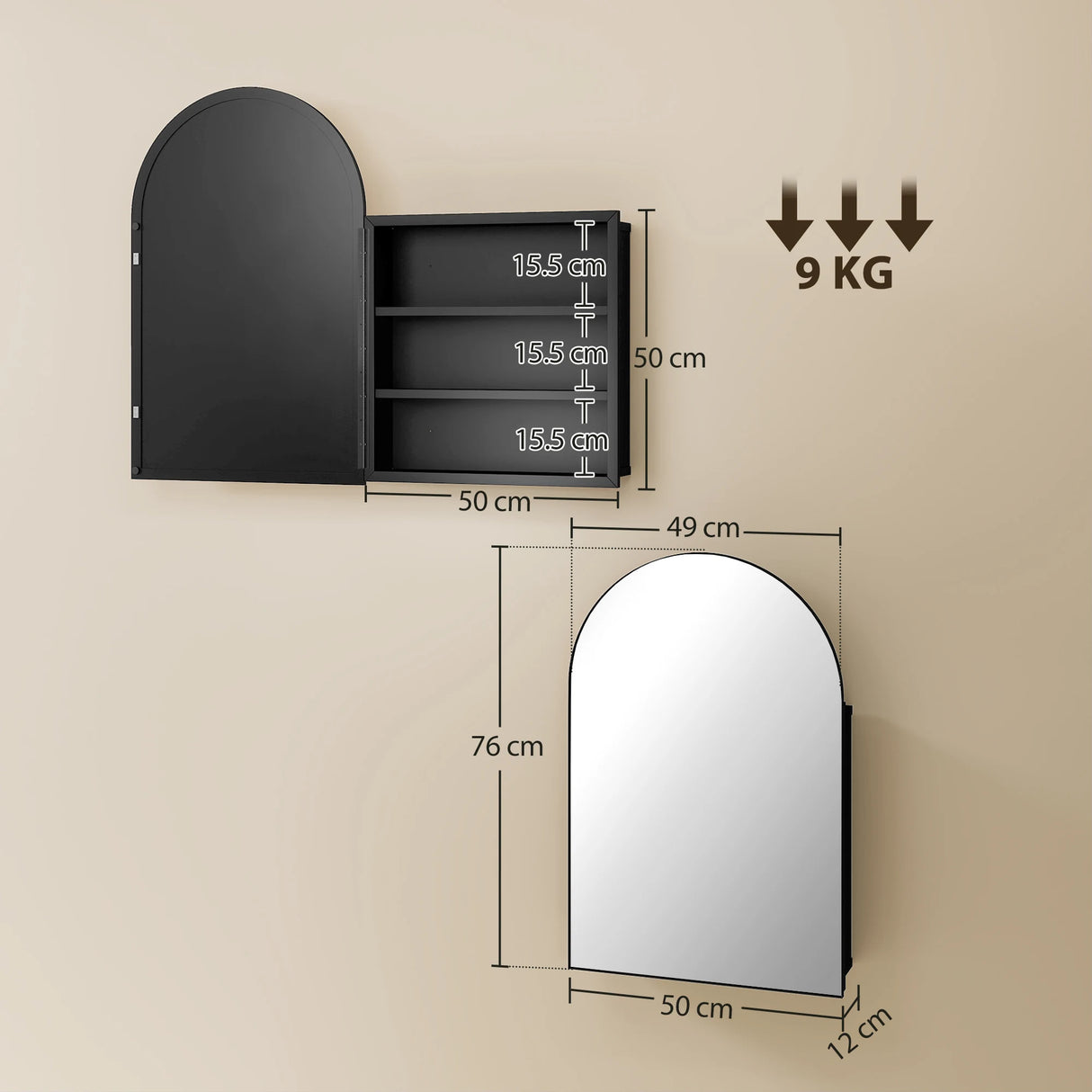 HOMCOM Bathroom Mirror Cabinet with Mirror, Arched Wall Mounted Bathroom Cabinet with Storage Shelves, Black