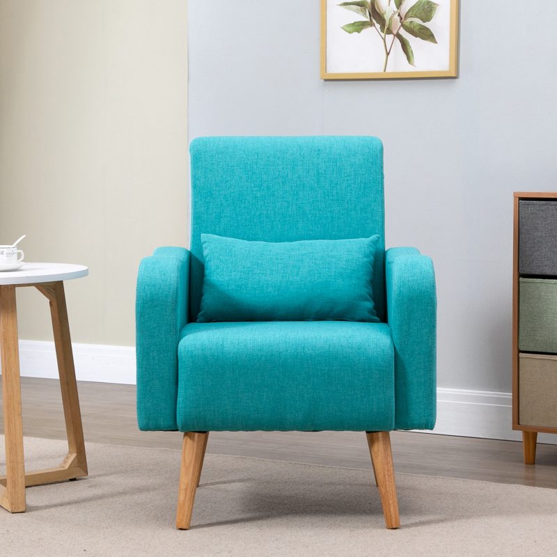 HOMCOM Accent Chair, Linen-Touch Armchair, Upholstered Leisure Lounge Sofa for Living Room, Club Chair with Wooden Frame, Teal