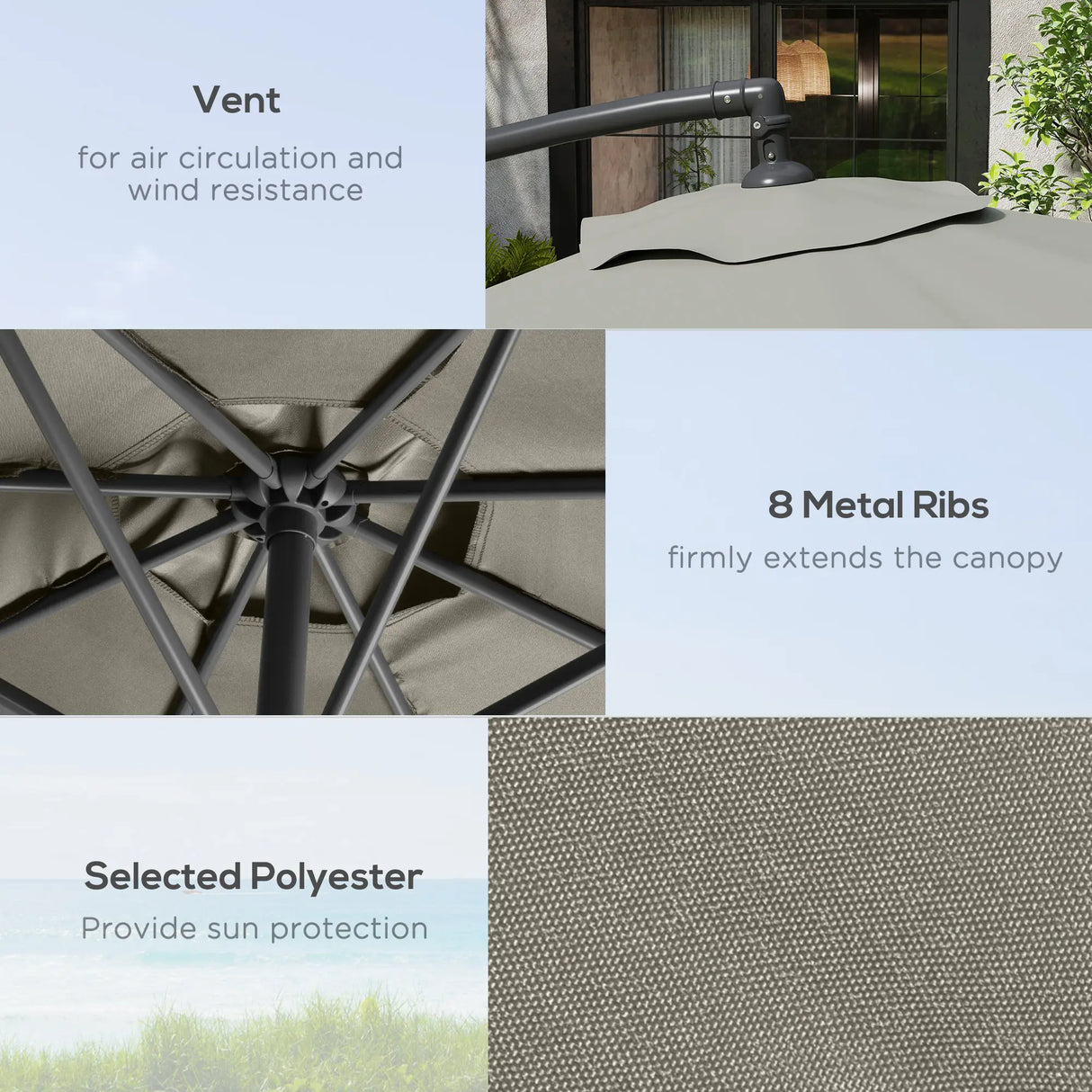 Outsunny 3m Overhanging Cantilever Parasol, with Cross Base - Light Grey