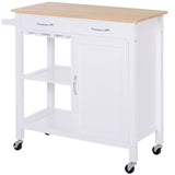 HOMCOM Kitchen Storage Trolley Cart Cupboard Rolling Wheels Shelves Cabinet Island W/ Drawers Towel Rail Wine Glass Rack Pine Wood Worktop  White