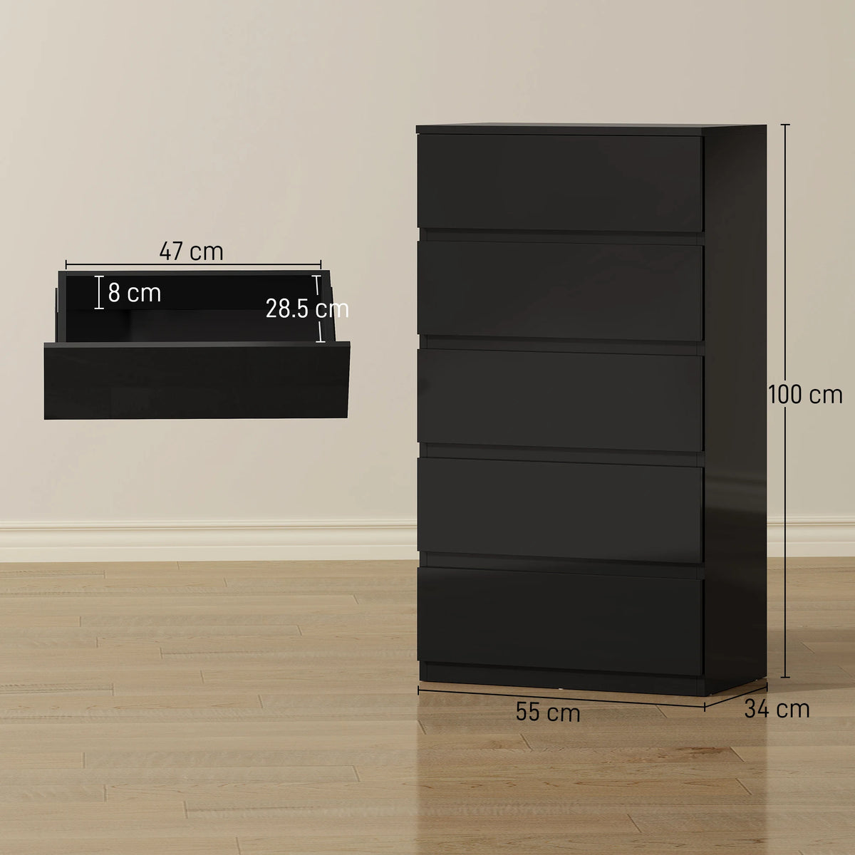 HOMCOM Chest of Drawers, 5-Drawer Storage Cabinets, Modern Dresser, Storage Drawer Unit for Bedroom