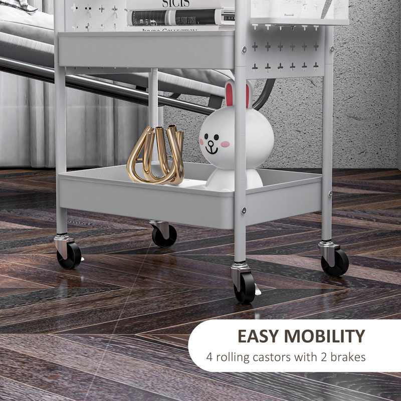 HOMCOM 3-tier Storage Trolley on Wheels, Rolling Utility Serving Cart with 3 Mesh Baskets, 2 Hanging Boxes and 6 Hooks for Living Room, Kitchen, White