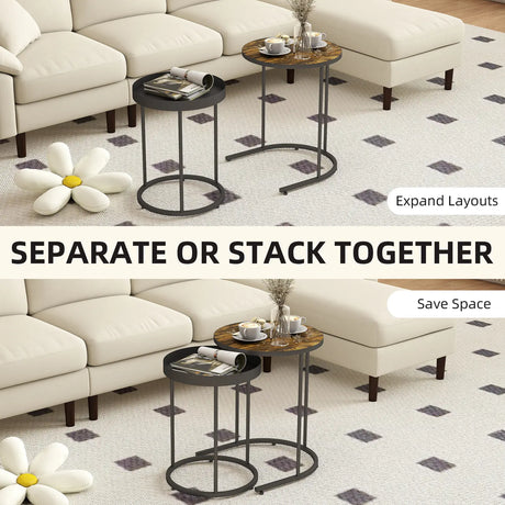 HOMCOM Round Nesting Side Table Set of 2 - Rustic Brown