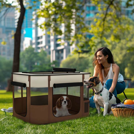 PawHut Foldable Dog Pen with Storage Bag for Indoor/Outdoor Use, Portable Pet playpen, with Ground Stakes - Brown