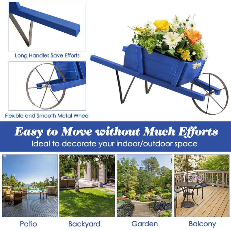 Wooden Wagon Planter with 9 Magnetic Accessories for Garden Yard-Blue