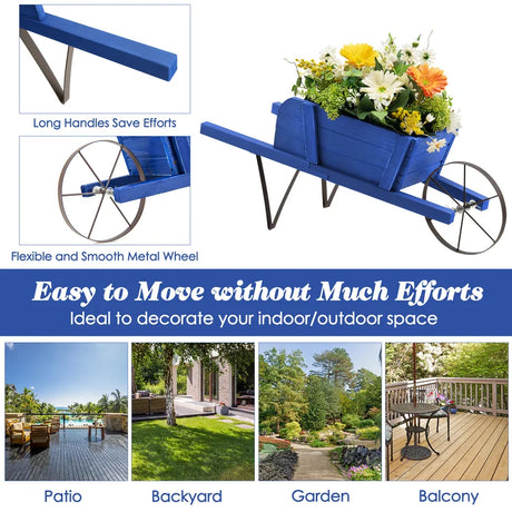 Wooden Wagon Planter with 9 Magnetic Accessories for Garden Yard-Blue