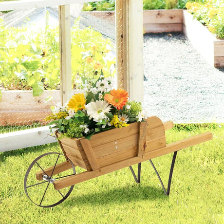 Wooden Wagon Planter with 9 Magnetic Accessories for Garden Yard-Walnut