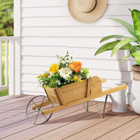 Wooden Wagon Planter with 9 Magnetic Accessories for Garden Yard-Walnut