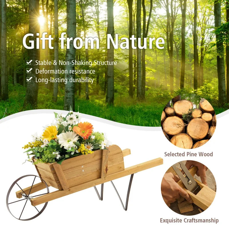 Wooden Wagon Planter with 9 Magnetic Accessories for Garden Yard-Walnut