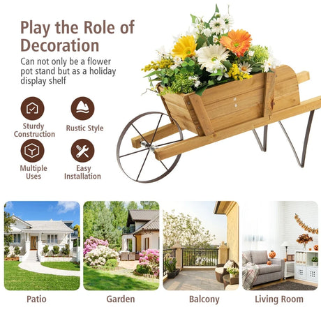 Wooden Wagon Planter with 9 Magnetic Accessories for Garden Yard-Walnut
