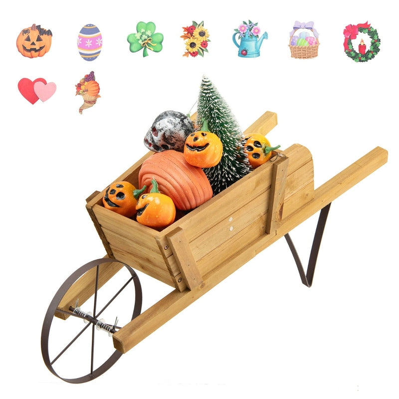 Wooden Wagon Planter with 9 Magnetic Accessories for Garden Yard-Walnut