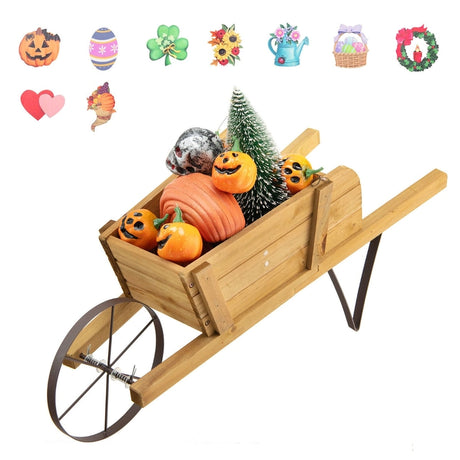 Wooden Wagon Planter with 9 Magnetic Accessories for Garden Yard-Walnut