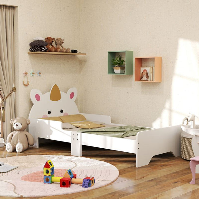 ZONEKIZ Unicorn-Designed Toddler Bed, Kids Bedroom Furniture, for Ages 3-6 Years, 143 x 74 x 67cm - White