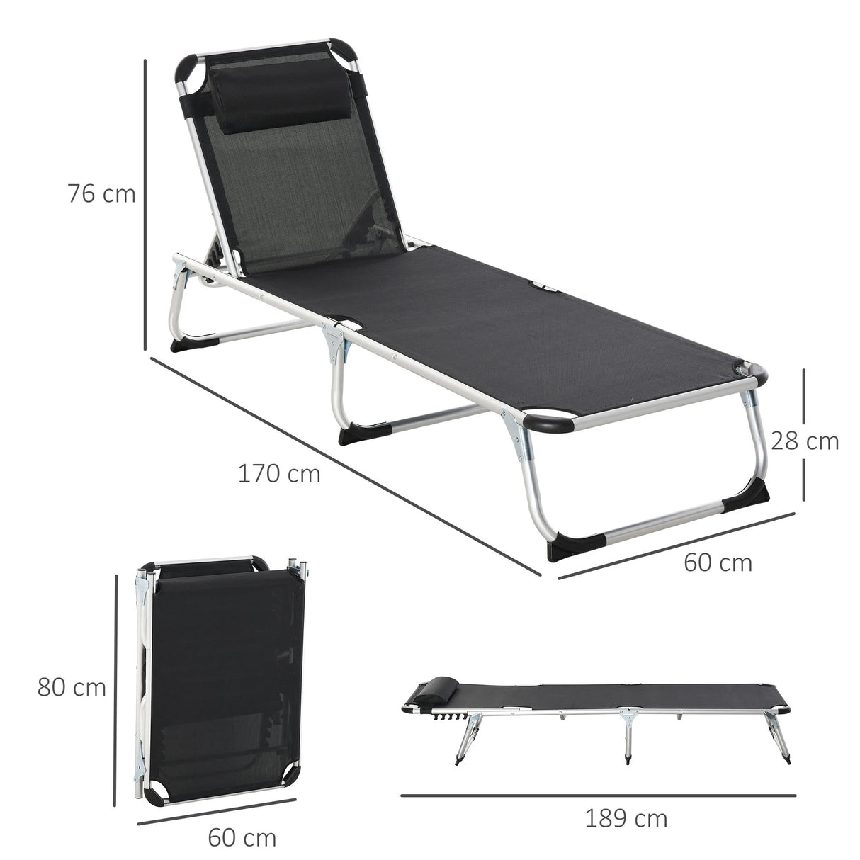 Outsunny Foldable Outdoor Sun Loungers Set of 2, Reclining Lounge Chair Camping Bed Cot with Pillow 4-Level Adjustable Back Aluminium Frame, Black