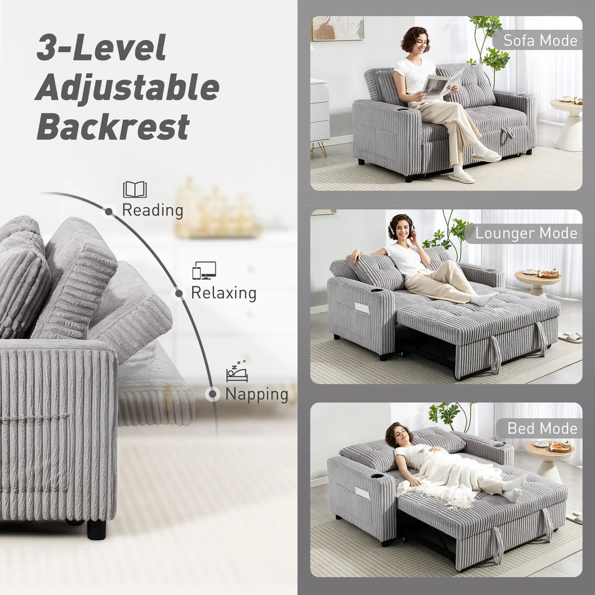 HOMCOM 2 Seater Click Clack Sofa Bed with Pull Out Design, Corduroy Upholstery - Light Grey