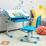 Kids Height Adjustable Desk and Chair Set with Tilted Tabletop and Drawer-Blue