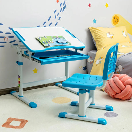 Kids Height Adjustable Desk and Chair Set with Tilted Tabletop and Drawer-Blue