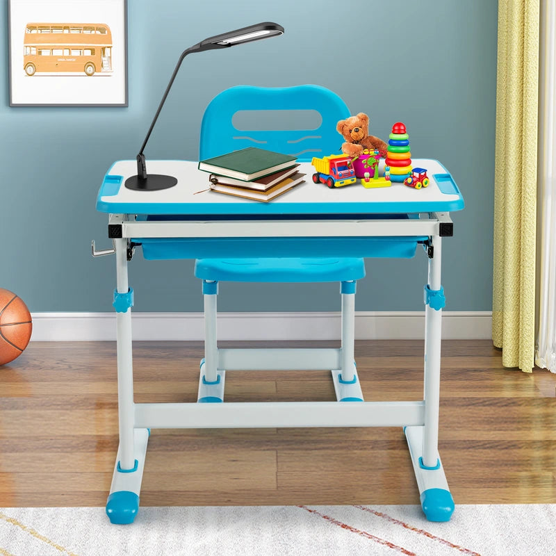 Kids Height Adjustable Desk and Chair Set with Tilted Tabletop and Drawer-Blue
