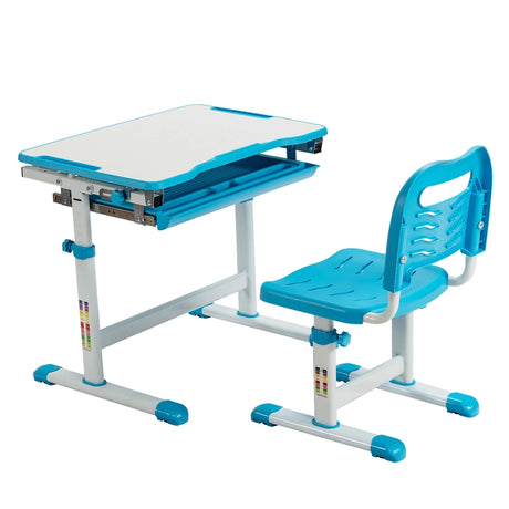 Kids Height Adjustable Desk and Chair Set with Tilted Tabletop and Drawer-Blue