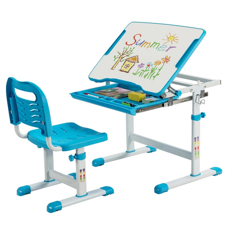 Kids Height Adjustable Desk and Chair Set with Tilted Tabletop and Drawer-Blue