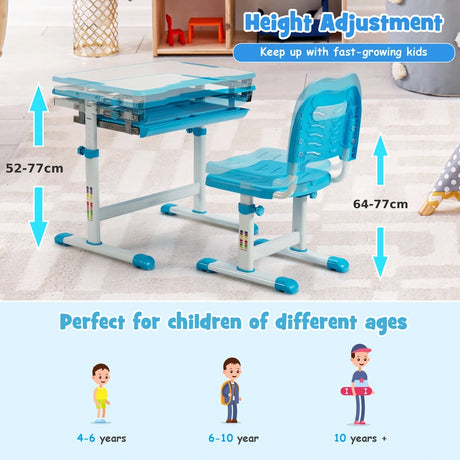 Kids Height Adjustable Desk and Chair Set with Tilted Tabletop and Drawer-Blue