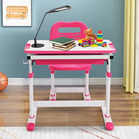 Kids Height Adjustable Desk and Chair Set with Tilted Tabletop and Drawer-Pink