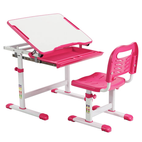 Kids Height Adjustable Desk and Chair Set with Tilted Tabletop and Drawer-Pink