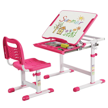 Kids Height Adjustable Desk and Chair Set with Tilted Tabletop and Drawer-Pink
