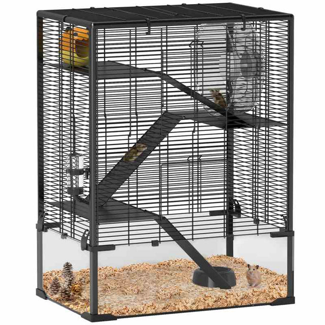 PawHut 4 Tiers Hamster Cage with Deep Tempered Glass Bottom, Hut, Running Wheel, Food Dish, Water Bottle, 60 x 40 x 80cm