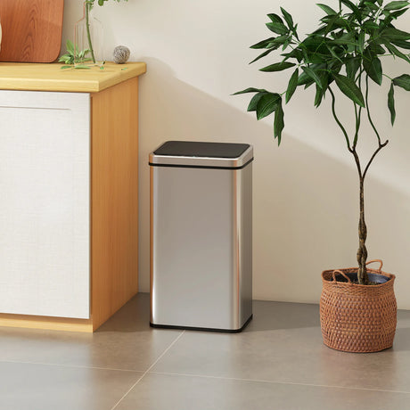 HOMCOM 50L Sensor Bin with Quiet Soft-Close Lid, Automatic Touchless Motion Sensor Kitchen Bin with Fingerprint Resistant Stainless Steel for Hygienic Gyms, Home Office Use, Silver Tone