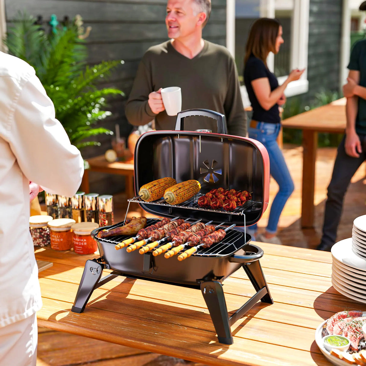 Outsunny Charcoal Barbecue Grill Folding BBQ Grill with 1232 cm2 Cooking Area, Adjustable Vent, Thermometer, Handles for Camping Picnic, Red