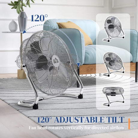 HOMCOM 20 Inches Chrome Metal Floor Fan, High Power 3-Speed Home Gym with Adjustable Head, Portable Desk & Table Fan for Home Office, Powerful Airflow, Quiet Operation
