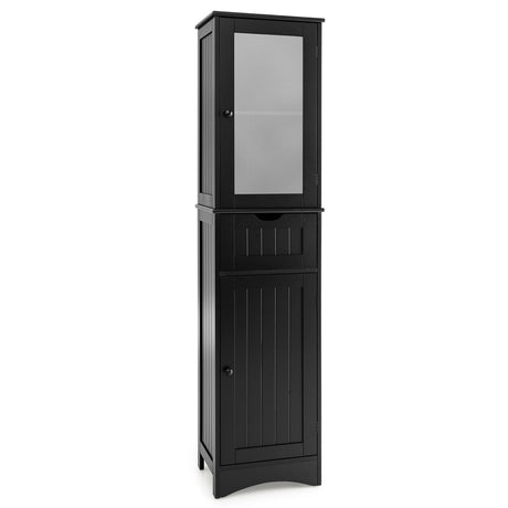 Tall Floor Storage Cabinet with 2 Doors and 1 Drawer for Bathroom-Black