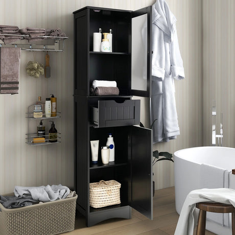 Tall Floor Storage Cabinet with 2 Doors and 1 Drawer for Bathroom-Black