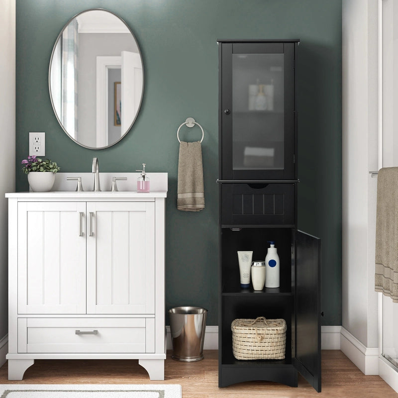 Tall Floor Storage Cabinet with 2 Doors and 1 Drawer for Bathroom-Black