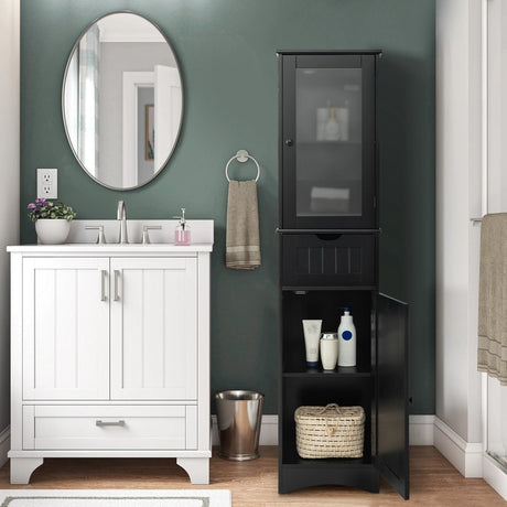 Tall Floor Storage Cabinet with 2 Doors and 1 Drawer for Bathroom-Black