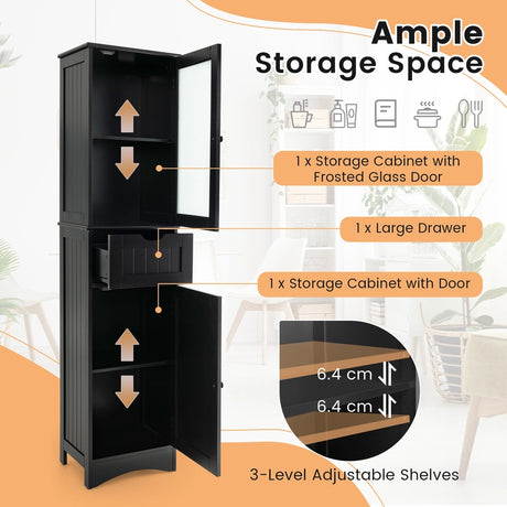 Tall Floor Storage Cabinet with 2 Doors and 1 Drawer for Bathroom-Black