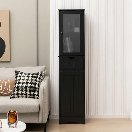 Tall Floor Storage Cabinet with 2 Doors and 1 Drawer for Bathroom-Black