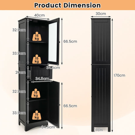 Tall Floor Storage Cabinet with 2 Doors and 1 Drawer for Bathroom-Black