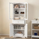 160cm Freestanding Linen Tall Bathroom Storage Cabinet with 2 Glass Doors-White