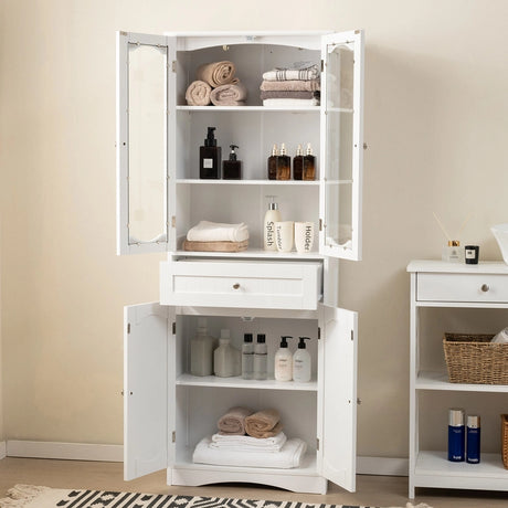 160cm Freestanding Linen Tall Bathroom Storage Cabinet with 2 Glass Doors-White