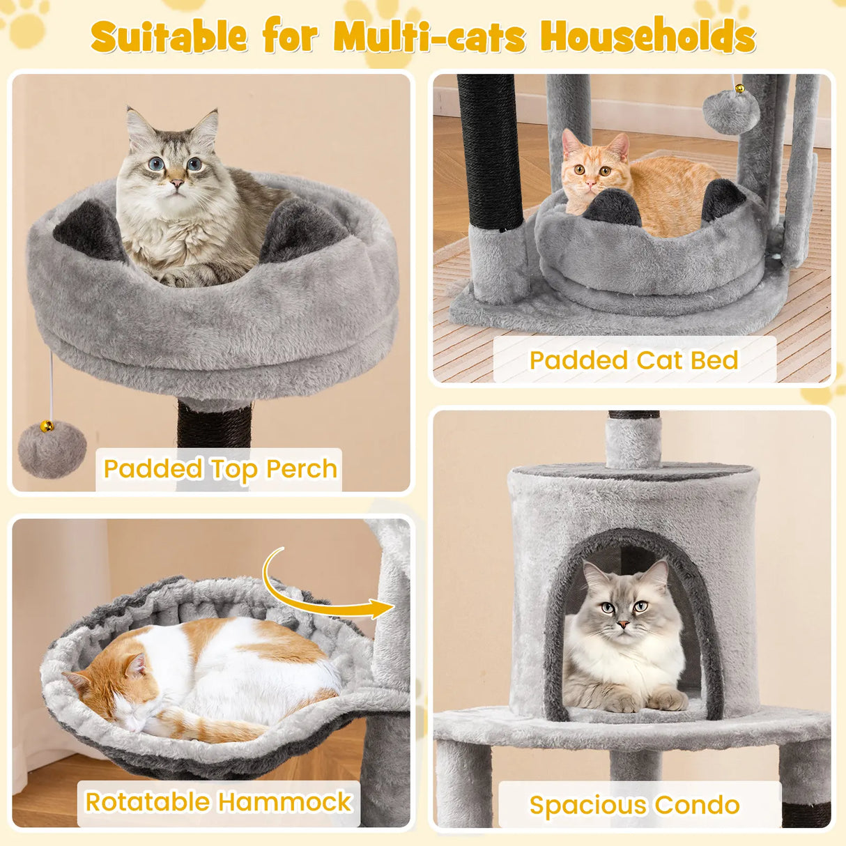 Multi-level Large Cat Tree with Sisal Scratching Posts and Board Condo-Grey