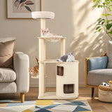 151 cm Wooden Cat Tower with Sisal Scratching Posts and Washable Plush Cushion-Natural